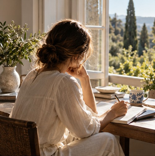 A woman writing in her journal beside a sunlit window