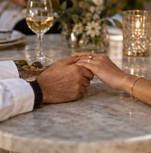A couple holding hands across a table